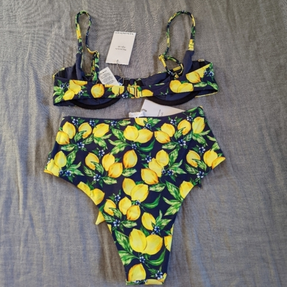 WeWoreWhat Lemons All Over Navy Bikini Set Vintage Bra Top Riviera Bottom - Picture 7 of 8